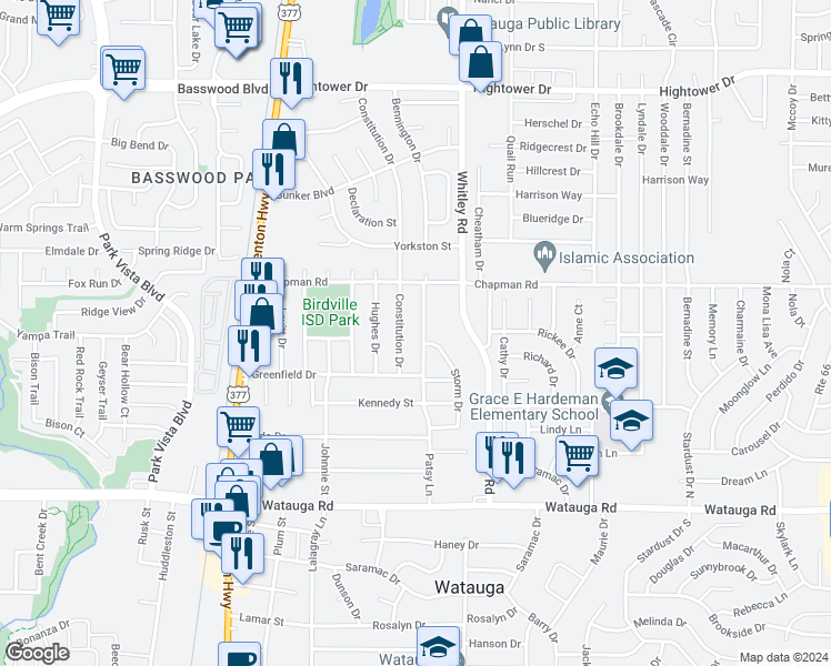 map of restaurants, bars, coffee shops, grocery stores, and more near 6529 Patsy Lane in Watauga
