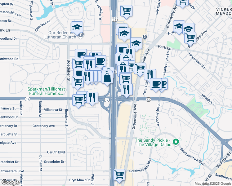 map of restaurants, bars, coffee shops, grocery stores, and more near 8450 North Central Expressway in Dallas