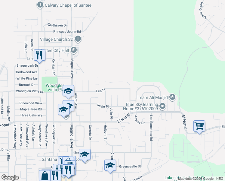 map of restaurants, bars, coffee shops, grocery stores, and more near 10741 Len Street in Santee