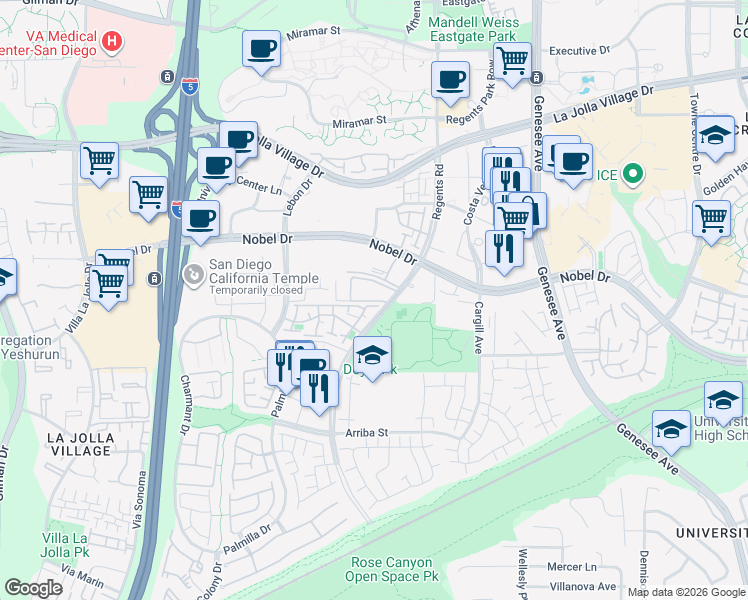 map of restaurants, bars, coffee shops, grocery stores, and more near 8308 Regents Road in San Diego