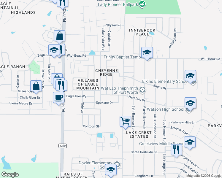 map of restaurants, bars, coffee shops, grocery stores, and more near 7117 Kickapoo Drive in Fort Worth
