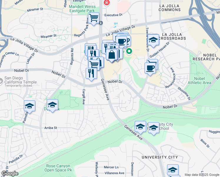 map of restaurants, bars, coffee shops, grocery stores, and more near 4345 Nobel Drive in San Diego