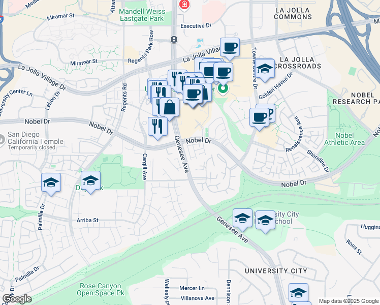 map of restaurants, bars, coffee shops, grocery stores, and more near 4345 Nobel Drive in San Diego