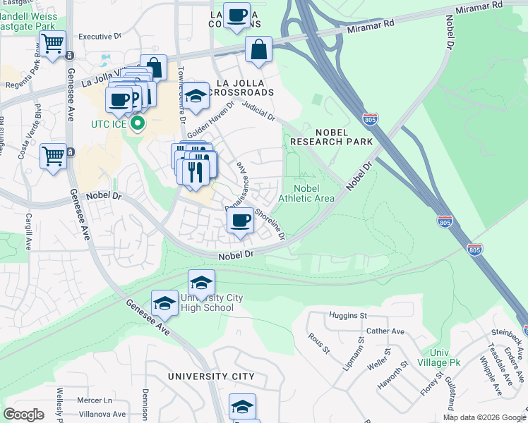 map of restaurants, bars, coffee shops, grocery stores, and more near 7100 Shoreline Drive in San Diego