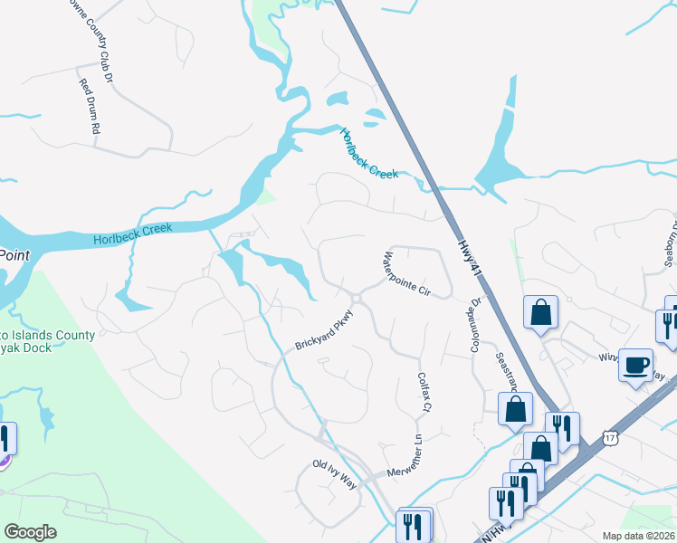 map of restaurants, bars, coffee shops, grocery stores, and more near 1317 McLeans Court in Mount Pleasant