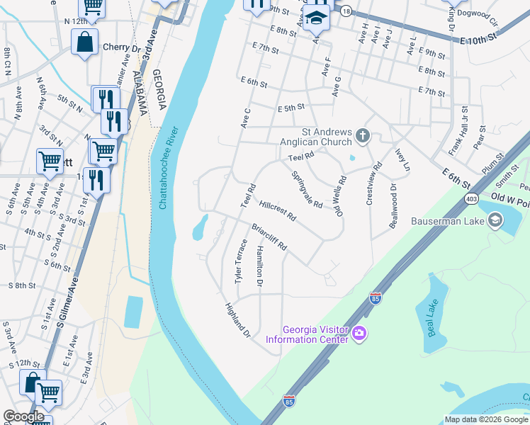 map of restaurants, bars, coffee shops, grocery stores, and more near 112 Hillcrest Road in West Point