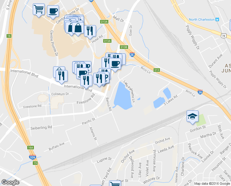 map of restaurants, bars, coffee shops, grocery stores, and more near 3025 West Montague Avenue in North Charleston