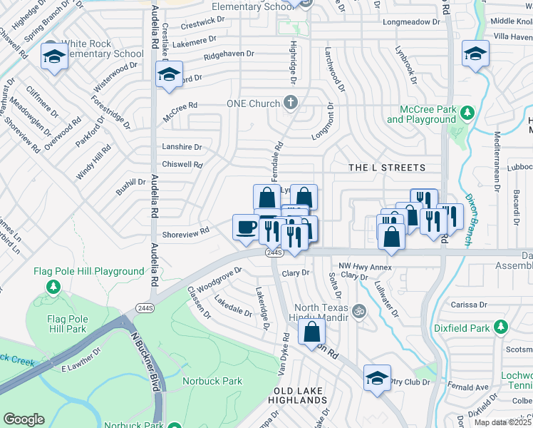 map of restaurants, bars, coffee shops, grocery stores, and more near 10163 Shoreview Road in Dallas