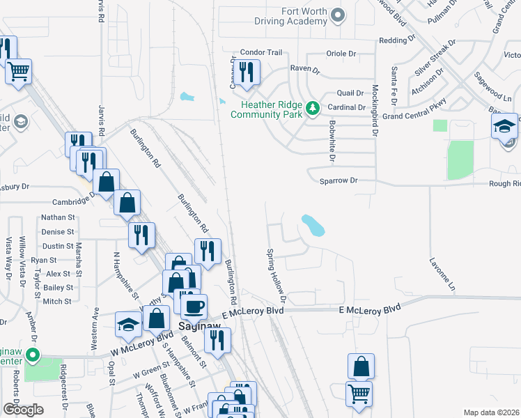 map of restaurants, bars, coffee shops, grocery stores, and more near 268 Spring Hollow Drive in Fort Worth