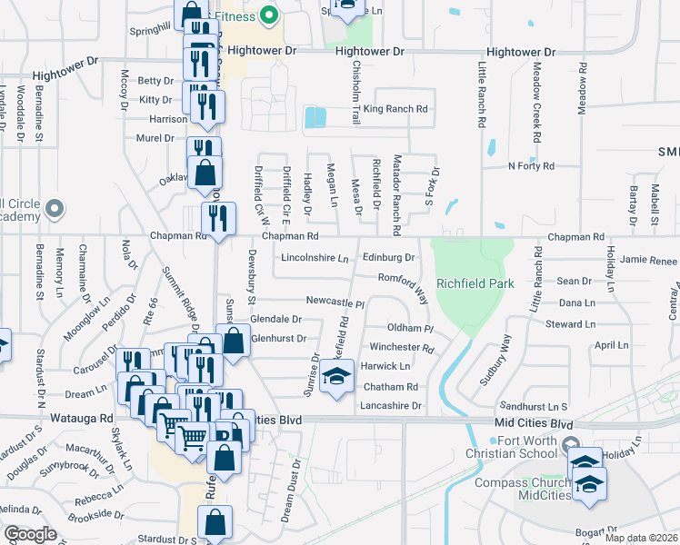 map of restaurants, bars, coffee shops, grocery stores, and more near 6609 Wakefield Road in North Richland Hills
