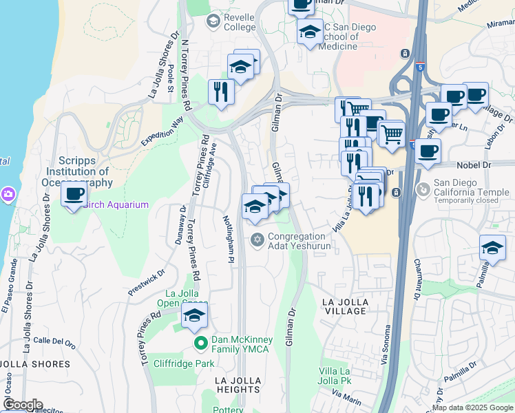 map of restaurants, bars, coffee shops, grocery stores, and more near 8725 Caminito Abrazo in San Diego