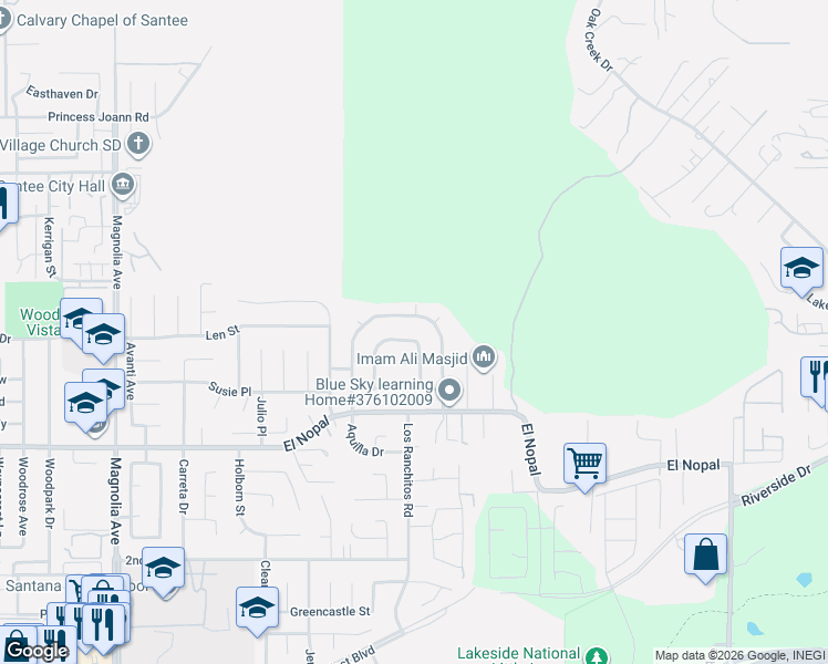 map of restaurants, bars, coffee shops, grocery stores, and more near 10440 Bosque Drive in Lakeside