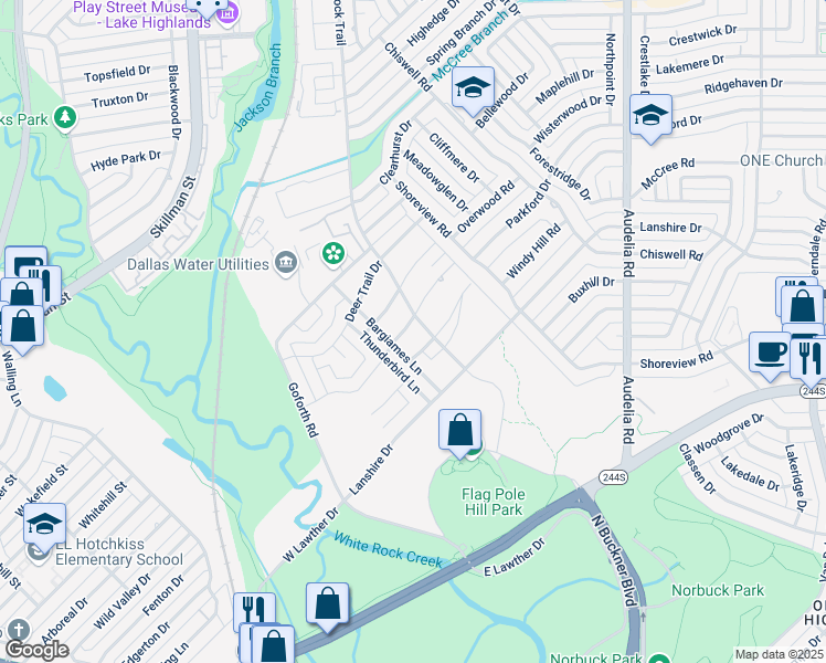 map of restaurants, bars, coffee shops, grocery stores, and more near 7930 Eagle Trail in Dallas