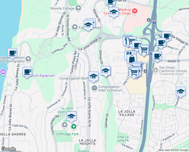 map of restaurants, bars, coffee shops, grocery stores, and more near 8725 Caminito Abrazo in San Diego