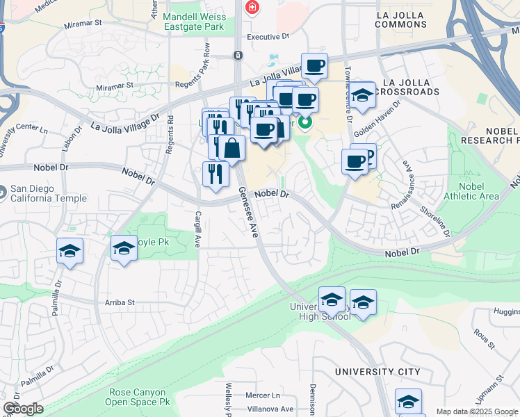 map of restaurants, bars, coffee shops, grocery stores, and more near 4345 Nobel Drive in San Diego