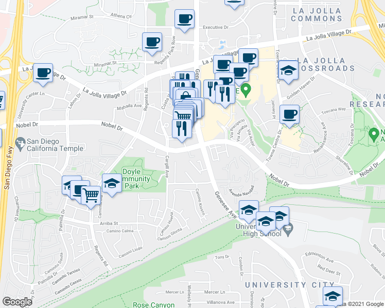 map of restaurants, bars, coffee shops, grocery stores, and more near 18 Nobel Drive in San Diego