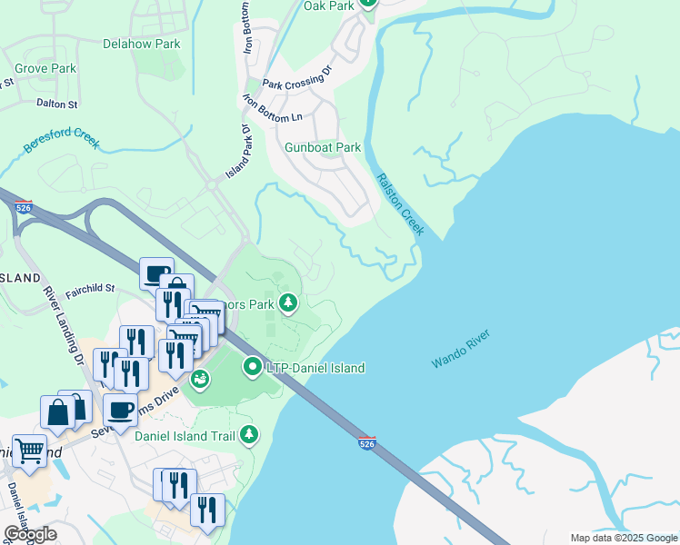 map of restaurants, bars, coffee shops, grocery stores, and more near 144 Fairbanks Oak Alley in Charleston