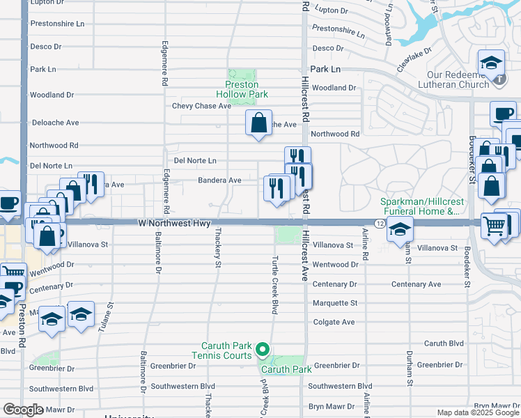 map of restaurants, bars, coffee shops, grocery stores, and more near 8604 Turtle Creek Boulevard in Dallas