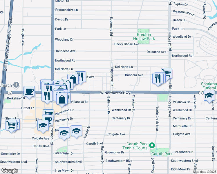 map of restaurants, bars, coffee shops, grocery stores, and more near 8528 Baltimore Drive in Dallas