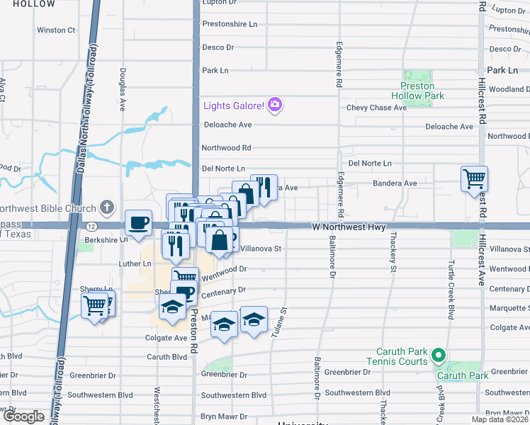 map of restaurants, bars, coffee shops, grocery stores, and more near 6211 West Northwest Highway in Dallas