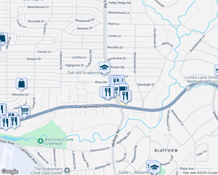 map of restaurants, bars, coffee shops, grocery stores, and more near 4184 Rosa Road in Dallas