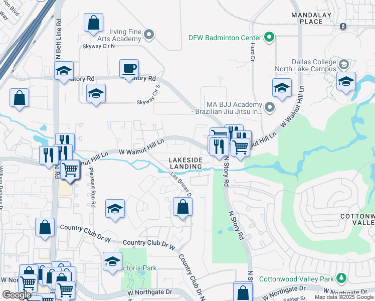 map of restaurants, bars, coffee shops, grocery stores, and more near 2710 Stonehaven Court in Irving