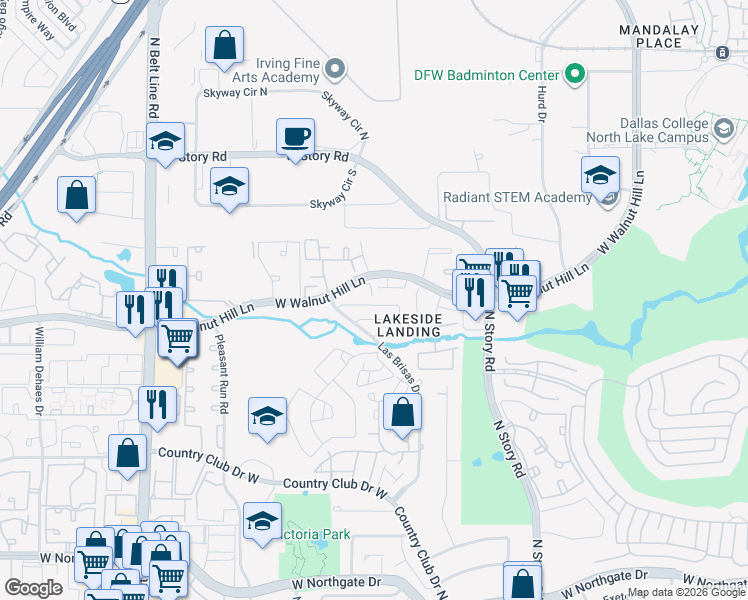 map of restaurants, bars, coffee shops, grocery stores, and more near 4405 Tophill Lane in Irving