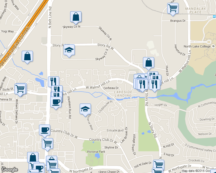 map of restaurants, bars, coffee shops, grocery stores, and more near 4405 Tophill Lane in Irving