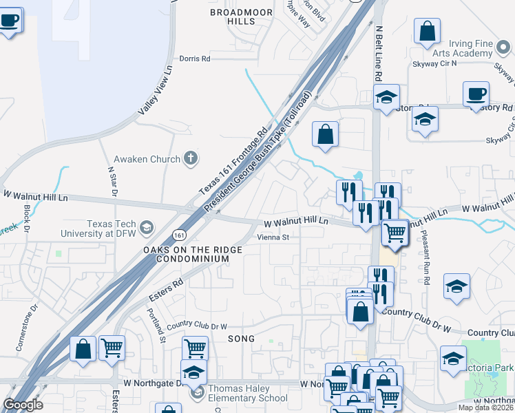 map of restaurants, bars, coffee shops, grocery stores, and more near 21 Napoli Way in Irving
