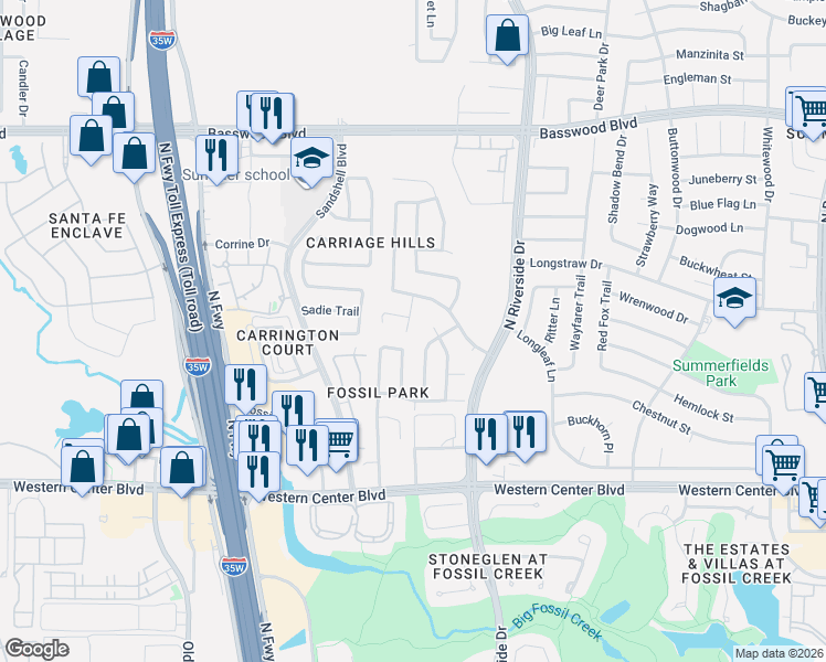 map of restaurants, bars, coffee shops, grocery stores, and more near 6762 Trilobite Trail in Fort Worth