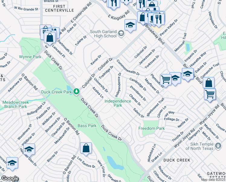 map of restaurants, bars, coffee shops, grocery stores, and more near 210 Springbranch Drive in Garland