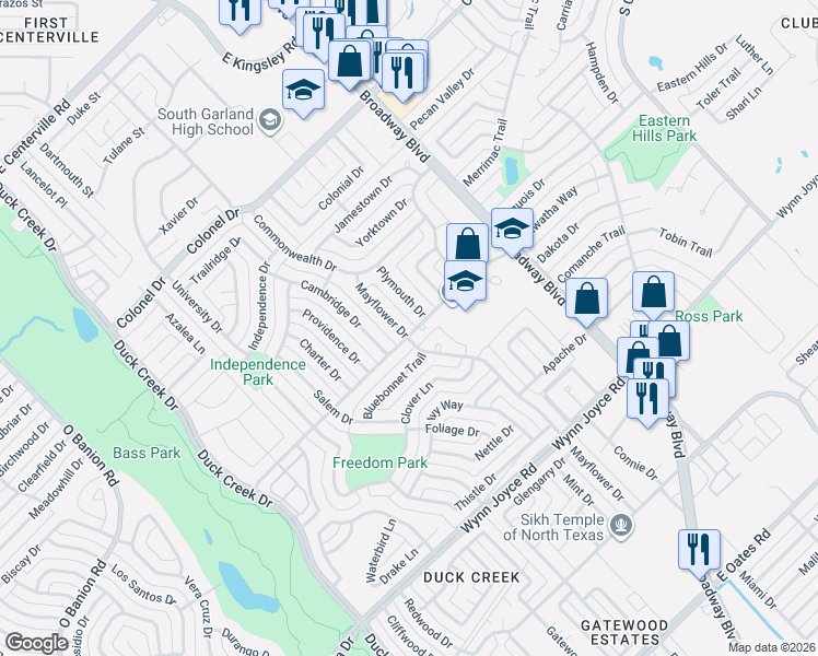 map of restaurants, bars, coffee shops, grocery stores, and more near 530 Nickens Road in Garland