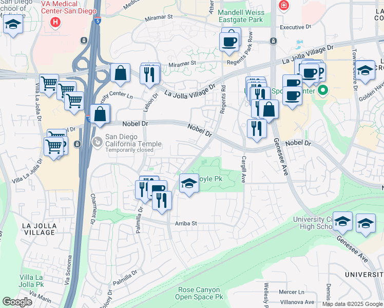 map of restaurants, bars, coffee shops, grocery stores, and more near 8308 Regents Road in San Diego