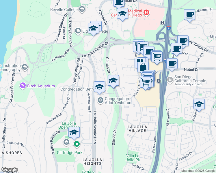 map of restaurants, bars, coffee shops, grocery stores, and more near 8721 Caminito Sueno in San Diego
