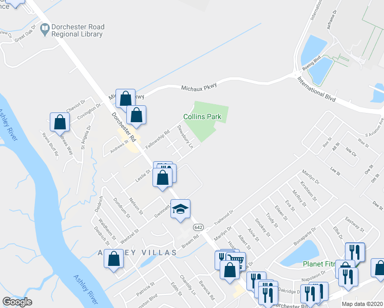 map of restaurants, bars, coffee shops, grocery stores, and more near 4209 Big Ben Court in North Charleston