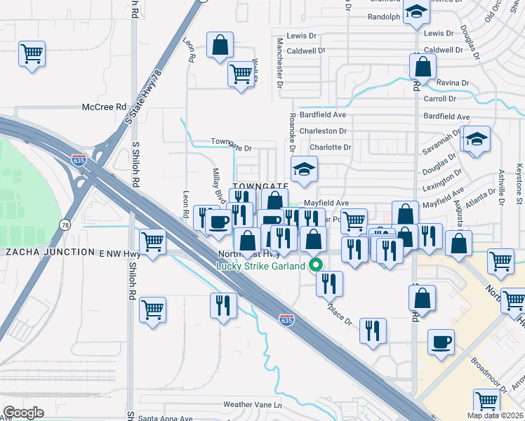 map of restaurants, bars, coffee shops, grocery stores, and more near 4146 Towngate Boulevard in Garland