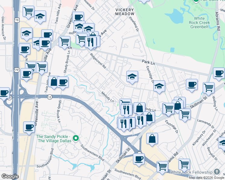 map of restaurants, bars, coffee shops, grocery stores, and more near 6251 Melody Lane in Dallas