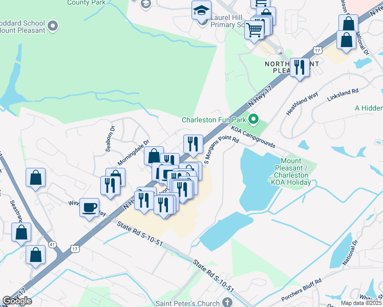 map of restaurants, bars, coffee shops, grocery stores, and more near 3110 U.S. 17 in Mount Pleasant