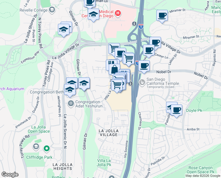 map of restaurants, bars, coffee shops, grocery stores, and more near 8707 Villa La Jolla Drive in San Diego