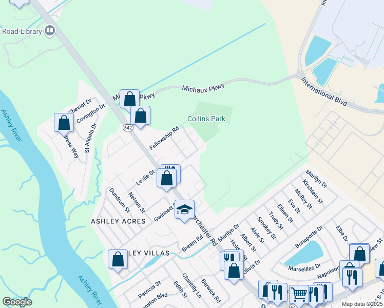 map of restaurants, bars, coffee shops, grocery stores, and more near 4220 Big Ben Court in North Charleston