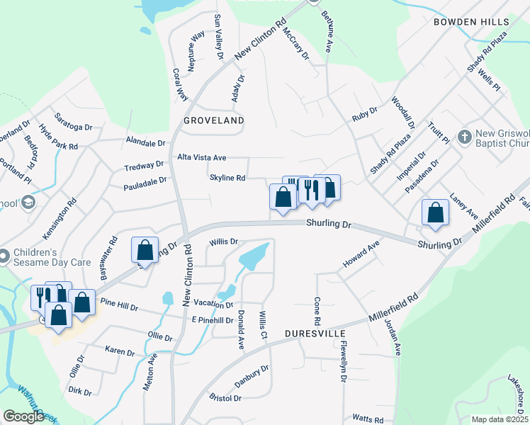 map of restaurants, bars, coffee shops, grocery stores, and more near 2616 Ellsworth Terrace in Macon