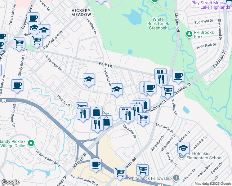 map of restaurants, bars, coffee shops, grocery stores, and more near 6706 Eastridge Drive in Dallas