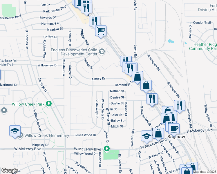 map of restaurants, bars, coffee shops, grocery stores, and more near 411 Cambridge Drive in Saginaw