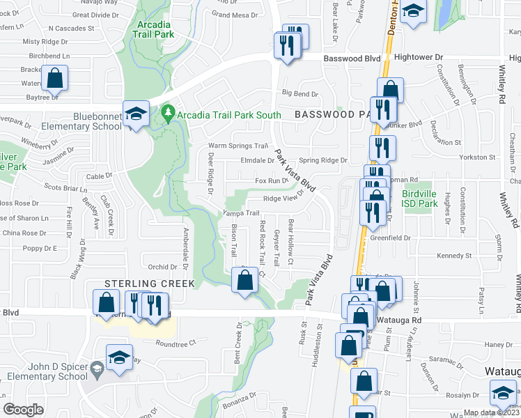 map of restaurants, bars, coffee shops, grocery stores, and more near 5320 Ridge View Drive in Watauga