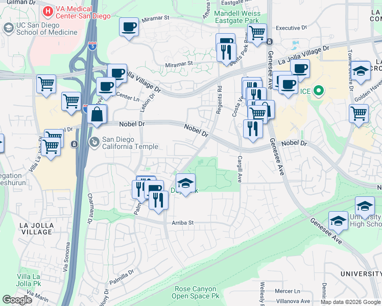 map of restaurants, bars, coffee shops, grocery stores, and more near 8308 Regents Road in San Diego
