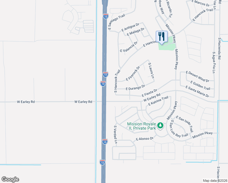 map of restaurants, bars, coffee shops, grocery stores, and more near 163 South Hancock Trail in Casa Grande