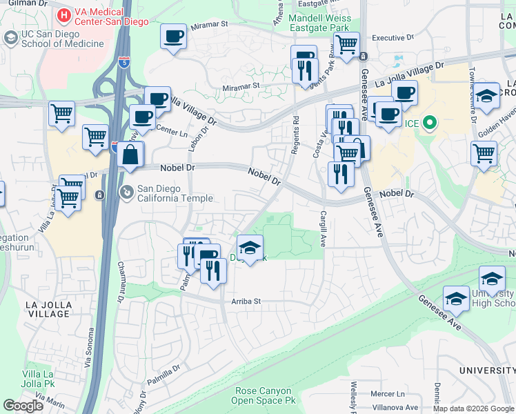map of restaurants, bars, coffee shops, grocery stores, and more near 8308 Regents Road in San Diego