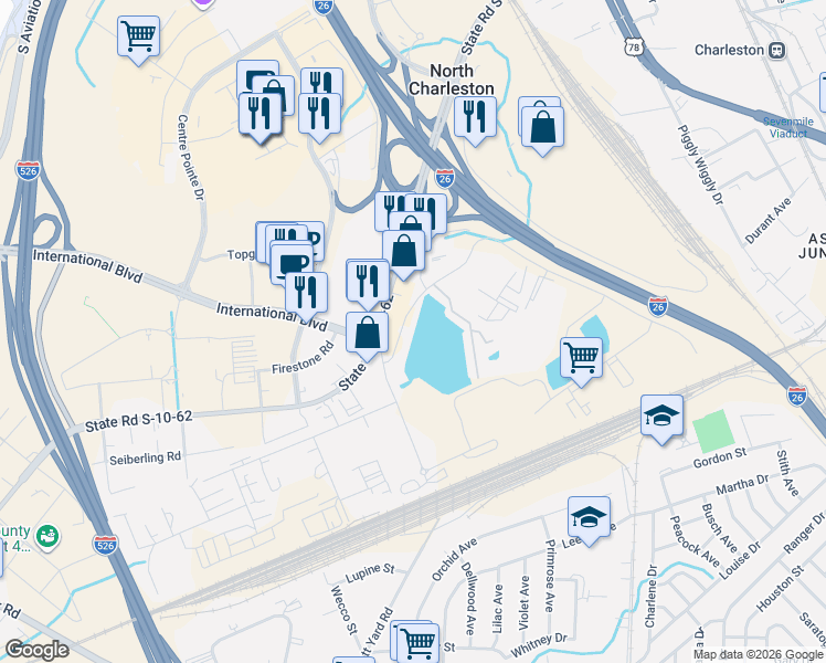 map of restaurants, bars, coffee shops, grocery stores, and more near 4739 Arco Lane in North Charleston