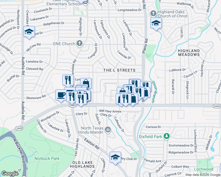map of restaurants, bars, coffee shops, grocery stores, and more near 8615 Lullwater Drive in Dallas