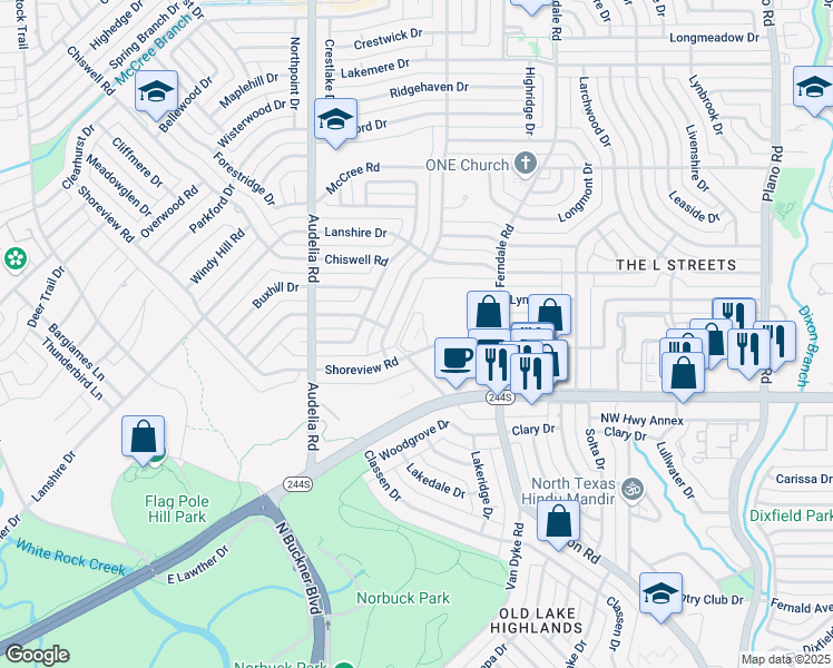 map of restaurants, bars, coffee shops, grocery stores, and more near 10025 Shoreview Road in Dallas